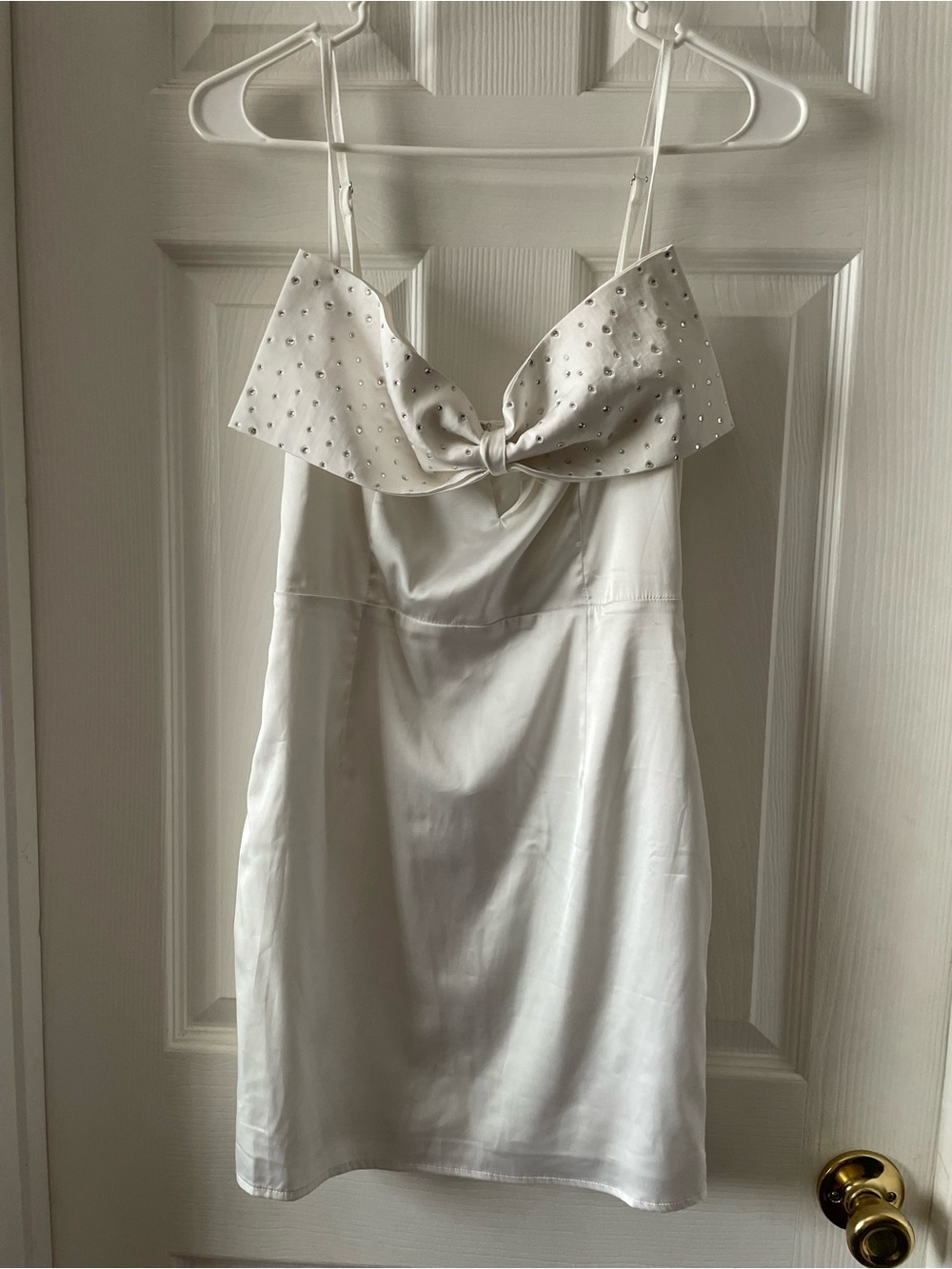 Blue Blush Ivory Satin Slip Dress with Bow and Crystal Accents